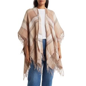 Steve Madden Tartan Ruana Kimono Cover Up with Fringe One Size Beige Ivory NEW